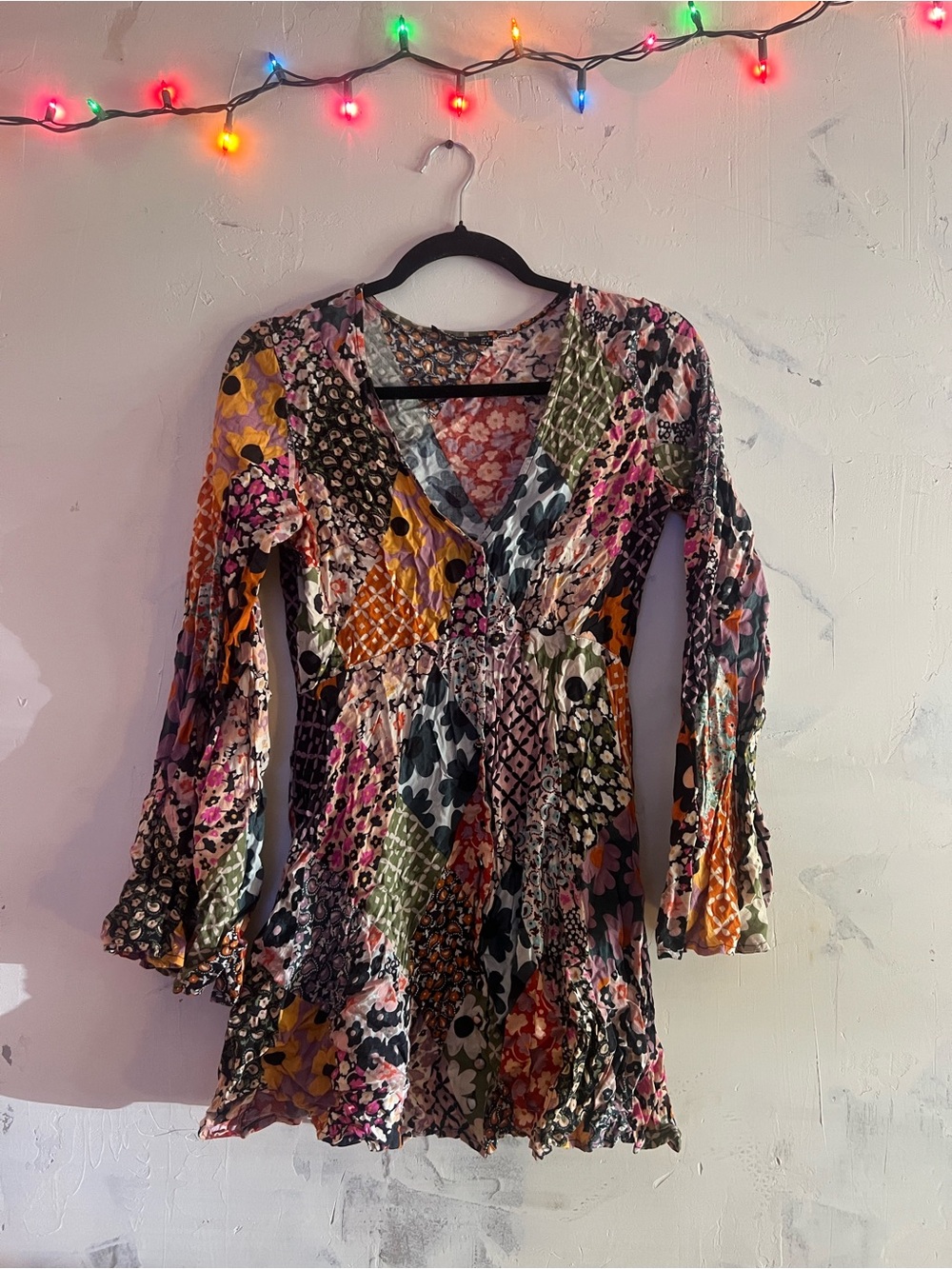 Nasty Gal Floral Patchwork Button Up Mini Dress with Flared Sleeves